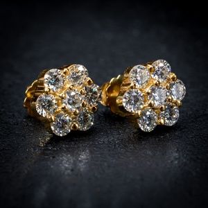 Yellow Gold 925 Sterling Silver Large Flower Cluster Cz Stud Screw Back Earrings